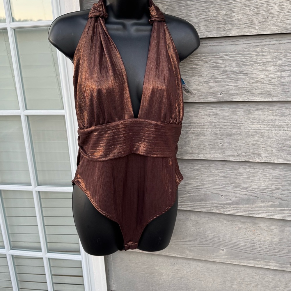 Fashion Nova 1X Metallic Brown Halter Body Suit NWT PartyClub Statement Layering - Picture 3 of 16